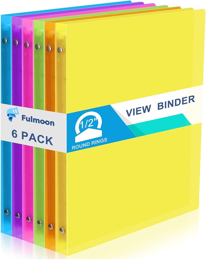 Fulmoon 6 Pack Plastic 3 Ring Binder Assorted Colors Economy Flexible Round Ring Presentation Binders with Pocket for Office School Meeting(0.5 Inch,Neon Colors)