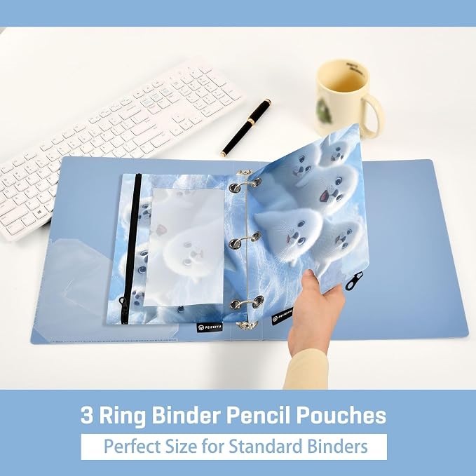 White Seal Lion Nautical Pencil Pouch for 3 Ring Binder, 2 Pack Zipper Pencil Pouches with Clear Window Pencil Bag Case Office School Supplies