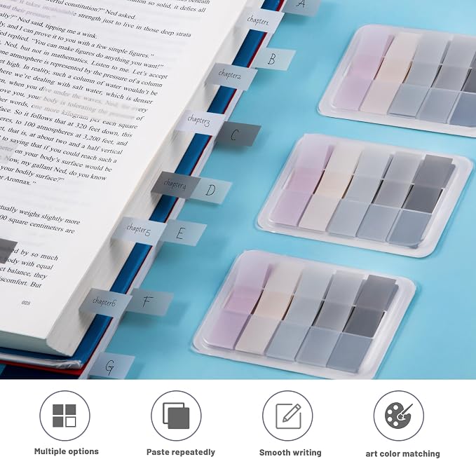 Golcellia Sticky Tabs, Neutral Book Tabs for Notebooks, 300 Pcs | Writable neutral paper tabs for books, notes, planners and files, repositionable page markers for school, office and home