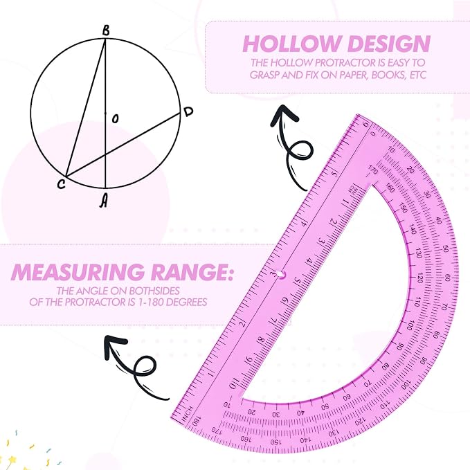 Zonon 2 Pcs 12 Inch Clear Ruler and 6 Inch Plastic Protractor Set, Dual Scale Inch/Cm Math Geometry Measuring Tools for Back to School Students Teachers Classroom Office Drafting Use(Pink)