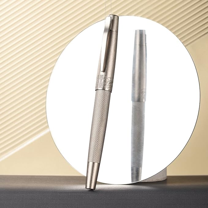 Hongdian 6013 Silver General Fountain Pen, Iridium Gold-silver Fine Nib Solid Metal Writing Pen with Metal Case