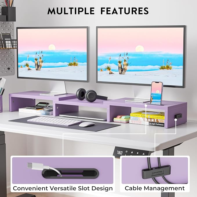 BONTEC Dual Monitor Stand Riser with Smartphone Holder, Adjustable Length & Swivel Angle, Ergonomic Wooden Desktop Organizer for PC Monitor, Laptop, Printer, Large Storage, 42.5 in, Purple