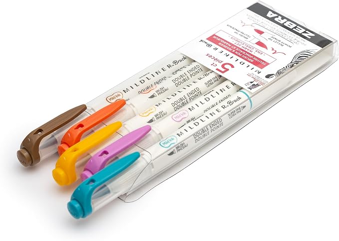 Zebra Pen MILDLINER No Bleed Brush Pen, Assorted Warm, Dual Tip, 5-Pack