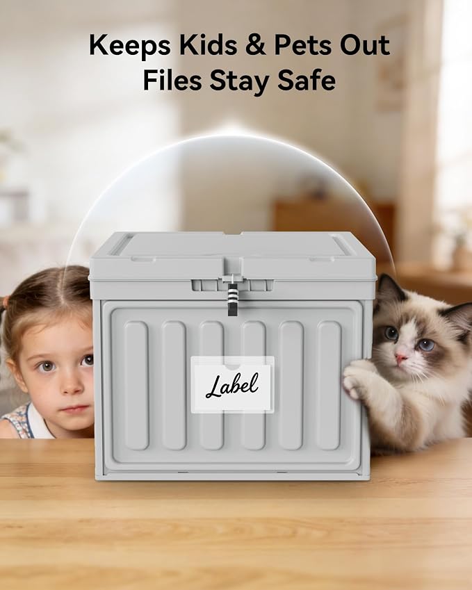 Oterri Lockable Plastic File Box with Lid for Letter-Size | Hanging File Folders Not Included. Grey, Large 1-Pack. Home, Office, Classroom, Dorm, Tax, Under Bed, Filing Cabinet.