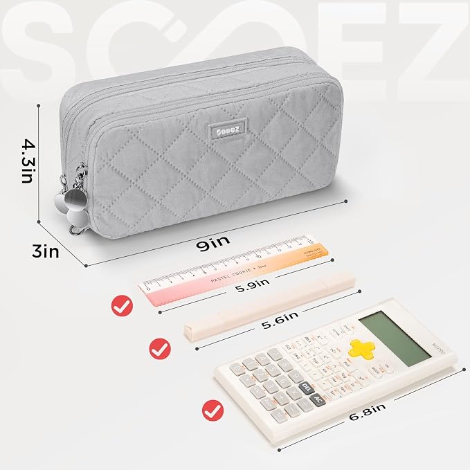 Sooez Large Pencil Case Pouch, Extra Big Pencil Bag with 8 Compartments, Pen Bag Wide Opening, Soft Quilted Pencil Pouch Organizer with Zipper, Portable Pencil Case for Teen Girls, Gray