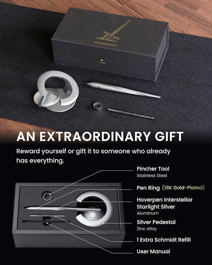 novium Hoverpen Interstellar - Luxury Pen Made With Aerospace Alloys, Unique Aesthetic, Free Spinning Executive Pen, Desk Decor (Starlight Silver, 18K-Gold)