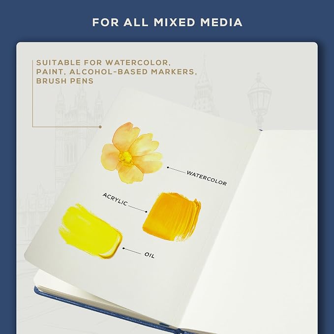 Beechmore Books 300 GSM Heavyweight Mixed Media Sketchbook A5 5.8"x8.3" - 96 Pages, Vegan Leather Hardcover Professional Art Journal for Paintings, Gouache and Ink