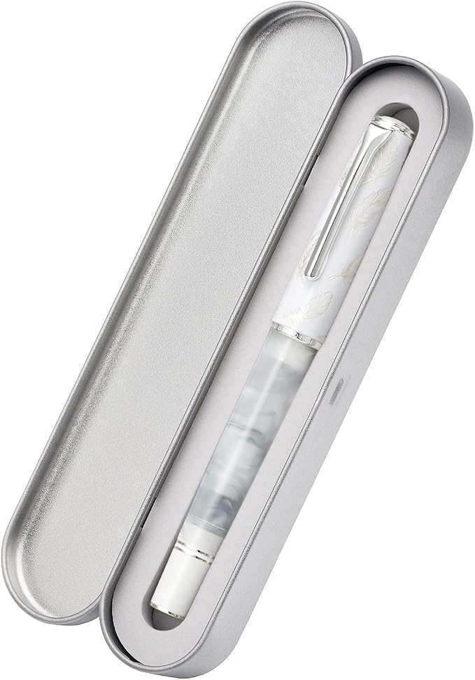 HONG DIAN N8 White Acrylic Resin Fountain Pen, Iridium Medium Nib Silver Plated Feather Carving Cap Smooth Writing Pen with Converter and Metal Pen Box Set