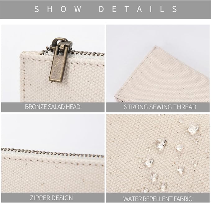 Canvas Pencil Case Slim Pencil Pouch Durable Zipper Stationery Bag Small Travel Use （Beige/Canvas）