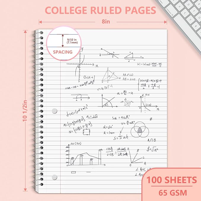 Pastel Pink Spiral Notebook, 1 Subject College Ruled, 10.5 x 8 in, 100 Sheets, 3-Hole Punched Perforated Pages, Flexible Plastic Cover, Double Pocket Folder for School Notes