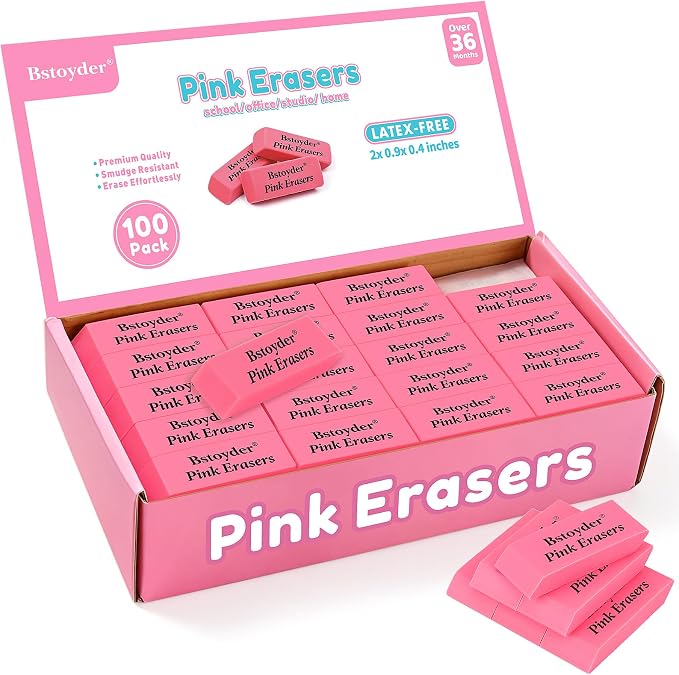Pink Erasers Bulk, 100 Pack Rubber Pencil Erasers Bulk for School/Office, Latex-Free Smudge-Free Soft Bevel Erasers for Students, Bulk School Supplies for Classrooms, Teachers, Home, Office, Art Class