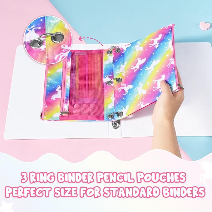 WAWSAM Unicorn Pencil Pouch for 3 Ring Binder, Zipper Pencil Pouch for Girl | 2 Pocket Clear Window Pencil Case, 3 Ring Pencil Pouch for School Supplies, Pencil Bags for Office College