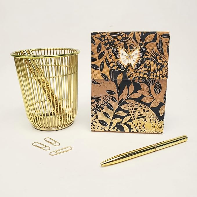 Punch Studio Flip-Top Notepad For Daily Notes or Notes on-the-go, with Magnetic Closure, Brooch Embellishment, Gold-Foil Accents & 75 Illustrated Sheets, 5" x 3.75" - Black Butterflies (50441)