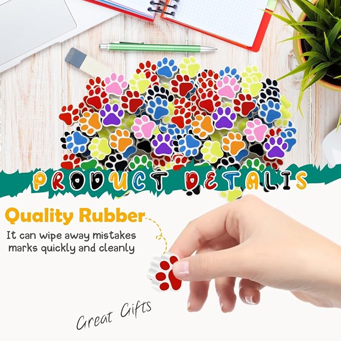 Weecent 48 Pcs Paw Erasers 8 Colors Paw Print Erasers Dog Birthday Party Favors Cat Party Gifts Welcome Back to School Supplies