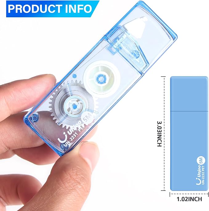 Unjoo Mini White Correction Tape Set (12pack, 5M/196" x 0.2", Blue) | Aesthetic Cute Correction Tape, Easy To Use, For school, Office Workers
