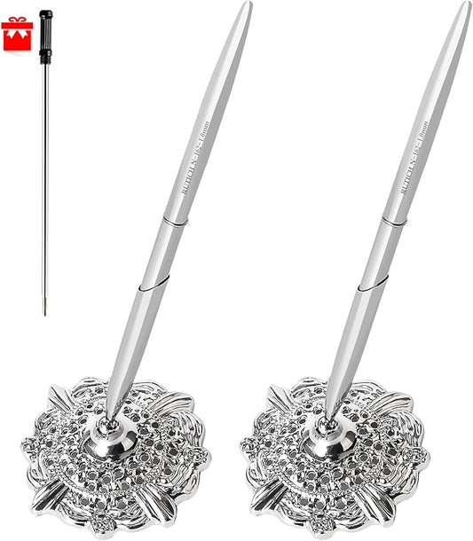 Hollow Round Pen Holder Signing Pen Set for Wedding Bridal Engagement Valentine's Day Favors,Silver 2 Pcs…