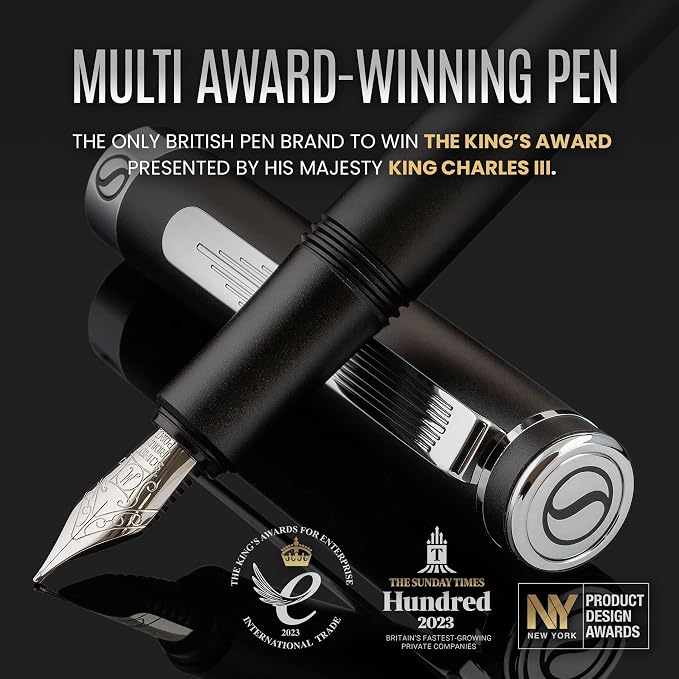 Scriveiner Luxury Fountain Pen - Medium Matt Black With Chrome Finish, Schmidt German Nib, Converter - Best Writing Gift Set for Men & Women - Fancy Office Designer EDC Pocket Pen