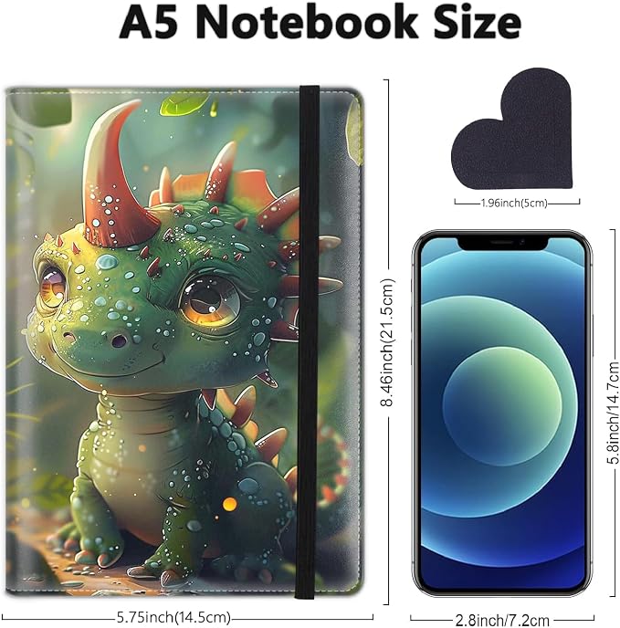 A5 Leather Lined Journal Notebook, 200 Pages Hardcover Executive Notebook for Men Women Office School Note Taking, Thick Writing Paper Daily Journal with Bookmarks/Indexes,Cute Baby Dinosaur