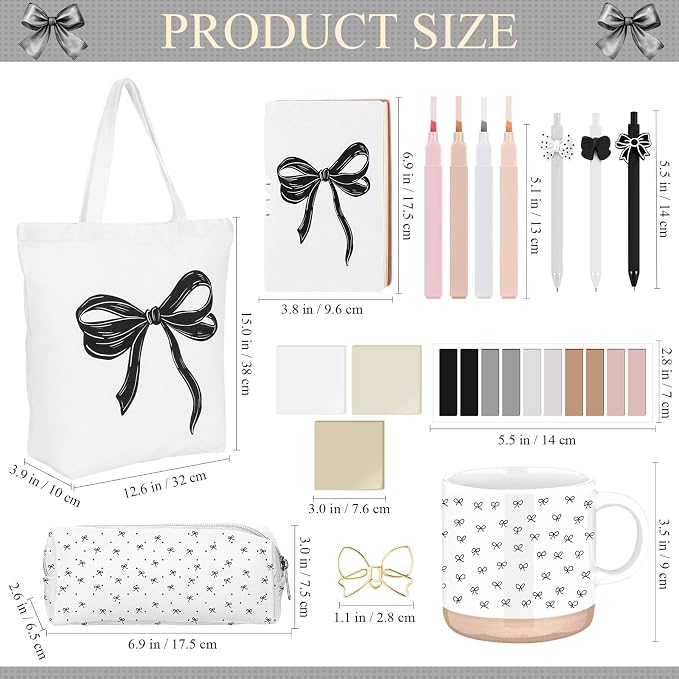 Reallnaive 25 Pcs Black Bow Stationery Gift Set for Women, Coquette School Supplies Box with Mug A6 Notebook Tote Bag Pens Highlighters Pencil Pouch, Cute Desk Accessories for Back to School, Birthday