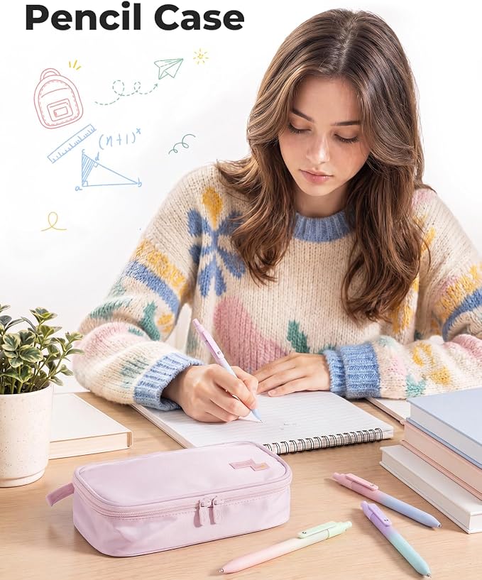 Four Candies Large Pencil Case, 5 Compartments Pen Organizer, Big Capacity Canvas Pencil Pouch Bag for School Supplies, Portable Stationery Holder for Teen Girls, Women (Pink)