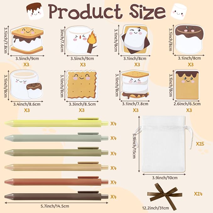 CJiangpo 24 Pack Marshmallow Sticky Note Pad with Pen Gift Set, Cute Self Stick Notepad Memo Pads Ballpoint Pens with Organza Bags, Funny Classroom Rewards Camping Themed Party Favor Gift for Kids