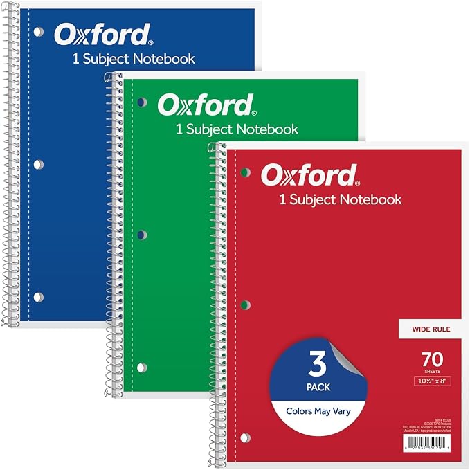 Oxford 1-Subject Notebooks, School Journal, 8 x 10-1/2 Inch, Wide Rule Paper, 70 Sheets, 3-Hole Punch, 3 Count, Red, Blue, Green, Color Assortment May Vary (65029) (Pack of 8)