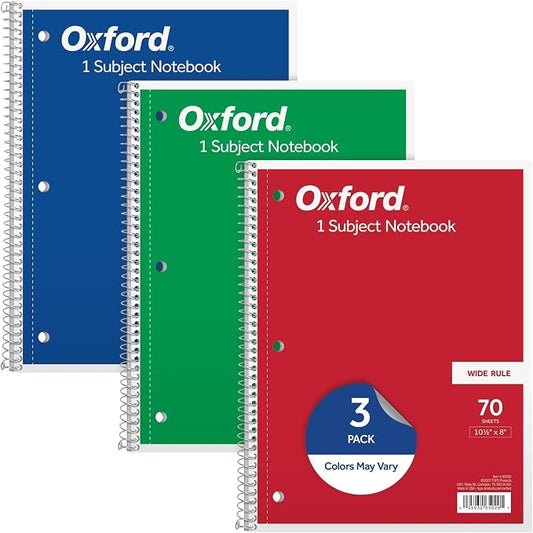 Oxford 1-Subject Notebooks, School Journal, 8 x 10-1/2 Inch, Wide Rule Paper, 70 Sheets, 3-Hole Punch, 3 Count, Red, Blue, Green, Color Assortment May Vary (65029) (Pack of 8)