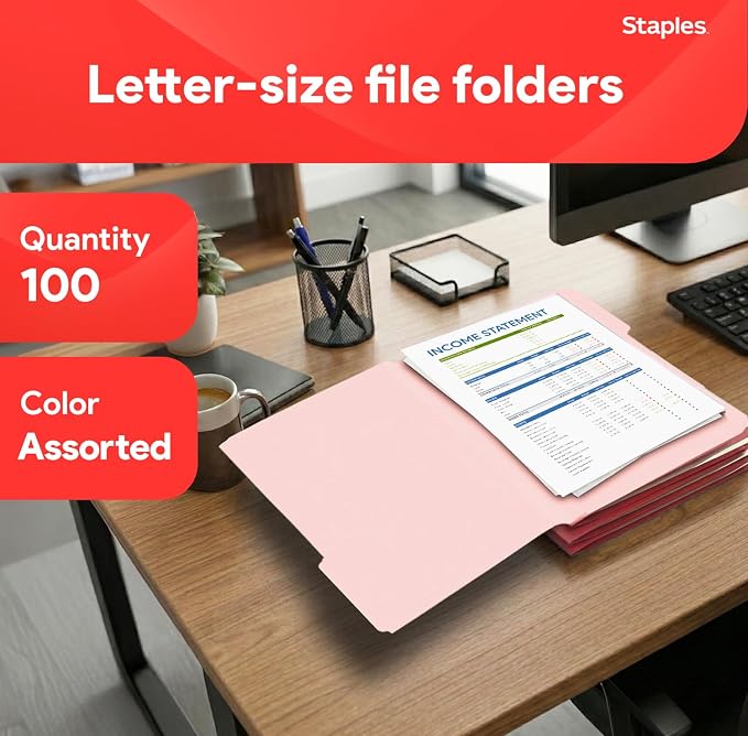 Staples Colored File Folders, Letter Size, 3‑Tab Top‑Tab Design, Durable 10.5‑Point Paper Stock, 100/Pack