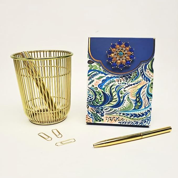 Punch Studio Flip-Top Notepad For Daily Notes or Notes on-the-go, with Magnetic Closure, Brooch Embellishment, Gold-Foil Accents & 75 Illustrated Sheets, 5" x 3.75" - Azure Peacock (59225)