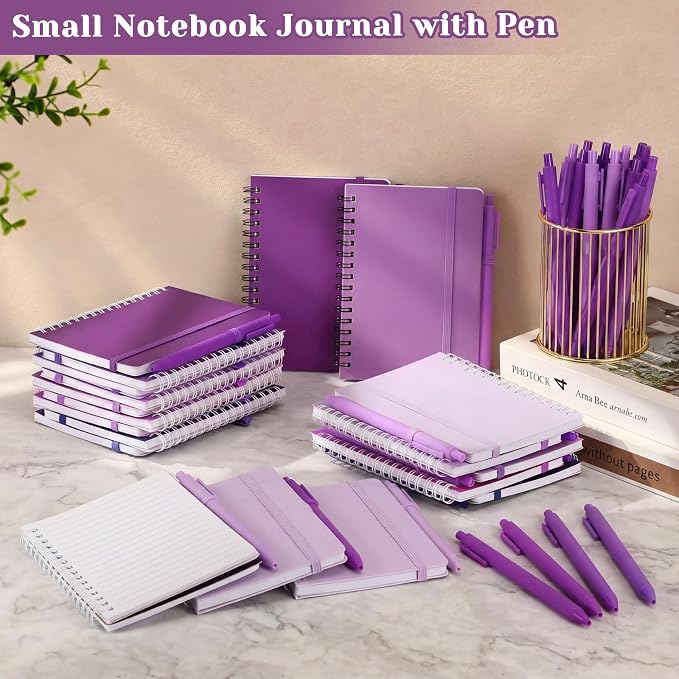 Fulmoon 12 Set Small Spiral Notebooks A6 with Pens Bulk, Multicolor 4" x 6" Pocket Notebooks Mini Lined Journals 50 Sheets for Back to School Supplies Students Gifts Rewards Office (Violet Bloom)