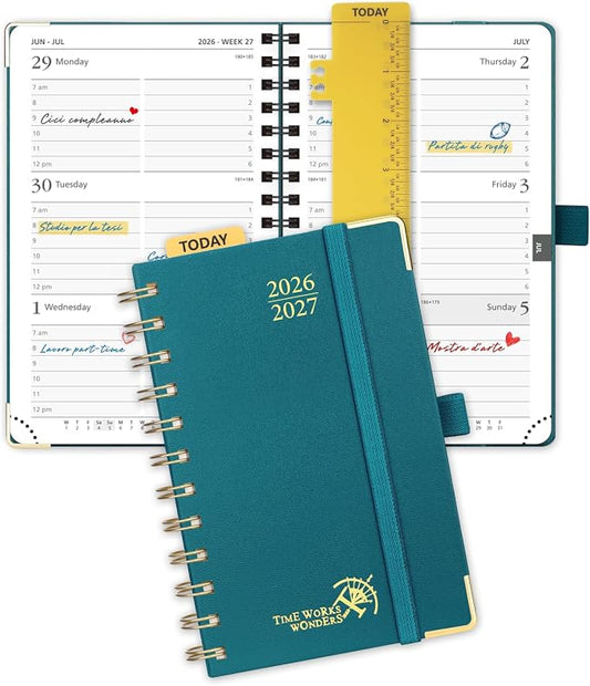 POPRUN Pocket Calendar 2026-2027,6.5" x 3.5" Pocket Planner | Jul 2026-Jan 2027 Small Planner for Purse,Inner-Pocket Weekly Planners with Hardcover, Tabs, Ruler, Pen Loop- Pacific Green