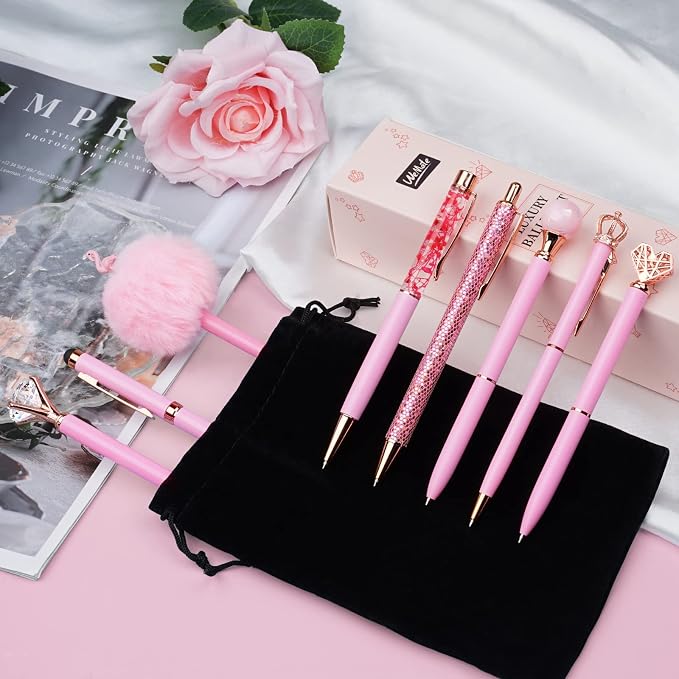 WEMATE 8Pcs Pink Pens, Metal Crystal Diamond Pens with Black & Blue Ink | Fancy Pens for Journaling, Office & Gift Supplies for Women Girls, Birthday and Back to School