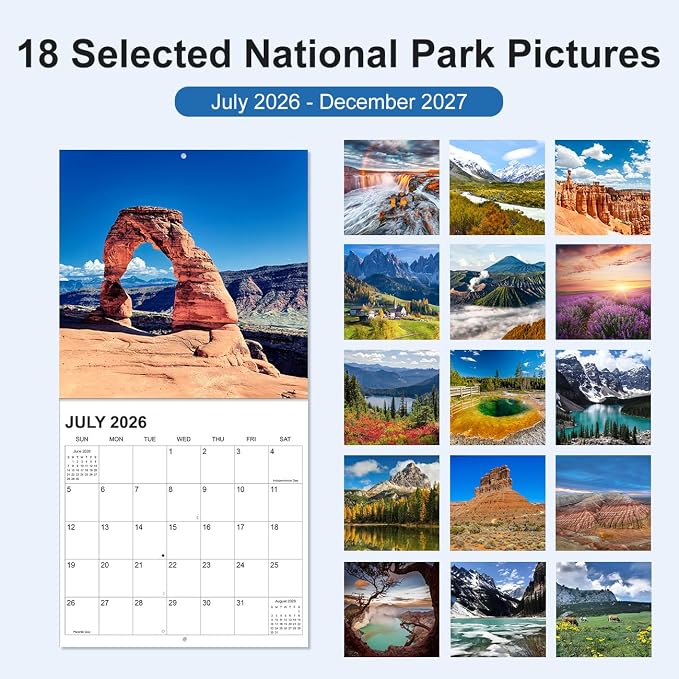 Calendar 2026-2027,12" x 12" Wall Calendar from Jul 2026 - Dec 2027 | Wall Calendar 2026-2027 with Holiday Marked, Premium Paper for Organizing, National Parks - A
