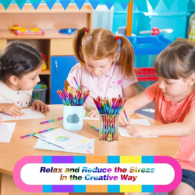 Fainne 96 Pieces Rainbow Colored Pencils, 4 Color in 1 Rainbow Wooden Pencils for Back to School, Kids Art Supplies, Student Reward Gifts (Holographic Type)