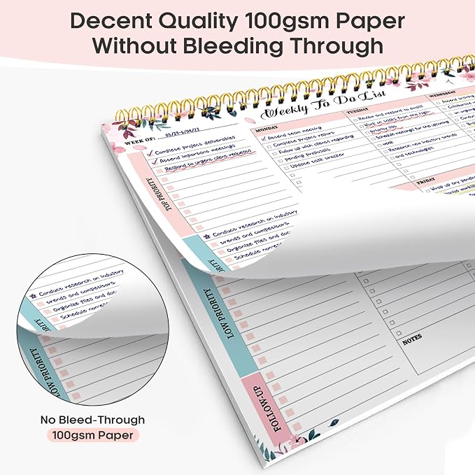 Taja Weekly To Do List Notepad with 52 Undated Sheets（8.5"×11"）- Weekly Desk Planner for Women & Man, Work and Home - 1 Pack Whispering Petal