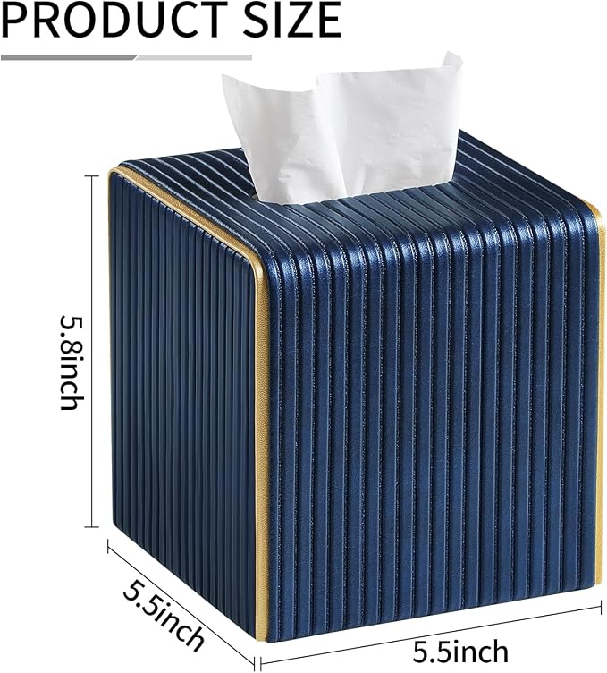 Square PU Leather Tissue Box Cover with Magnetic Closure, Decorative Tissue Holder & Storage Container for Bedroom, Living Room, Dining Room, Bathroom, Countertop, Desk (Square Blue)
