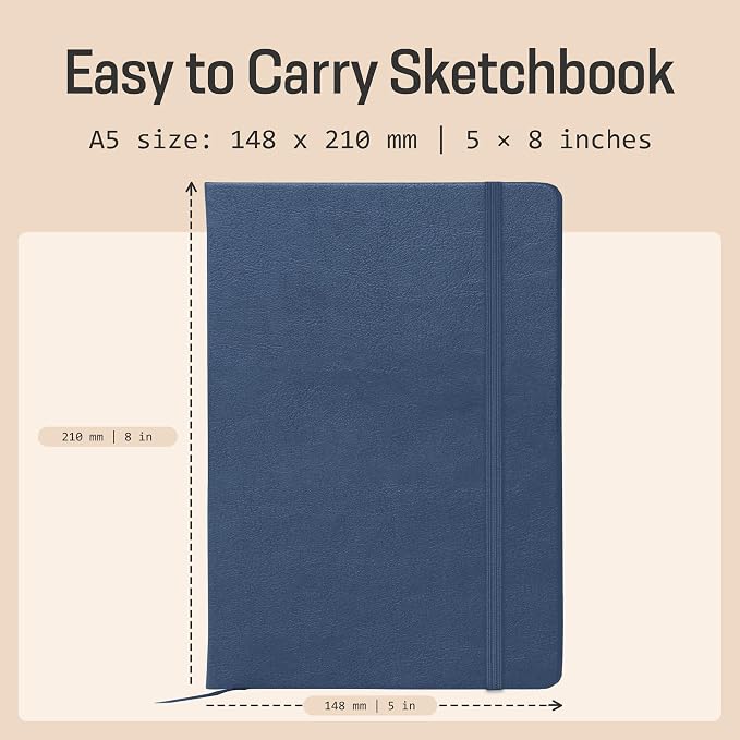 BROWNSTONE JOURNALS A5 Sketch Book Hardcover - 80 Sheets 100 GSM Paper 5"x8", Lay Flat, Vegan Leather Cover, Elastic Band, Back Pocket, Art Drawing Book (Symphony Blue)