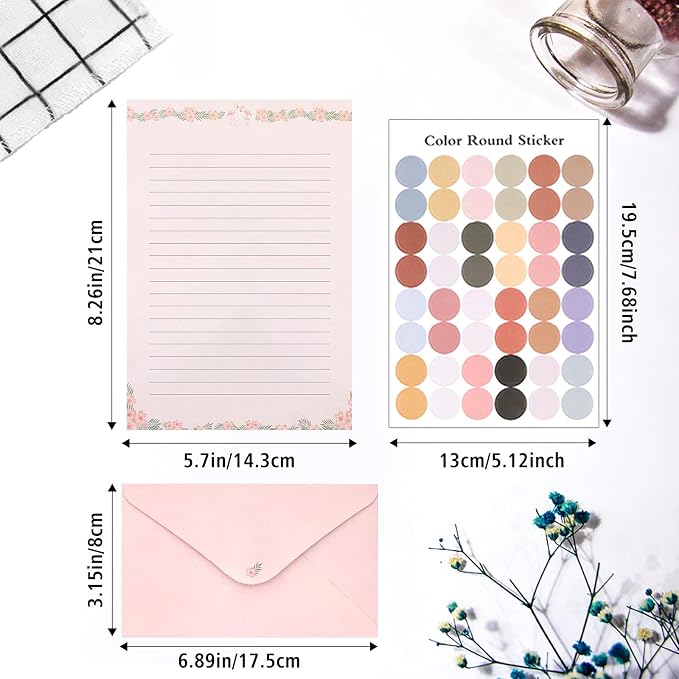 91 Pcs Stationery Paper Envelopes Set Includes 60 Lined Writing Paper & 30 Envelopes with 48 Colorful Round Dot Stickers, Cute Vintage Letter Writing and Stationery Paper Envelopes(10Style)
