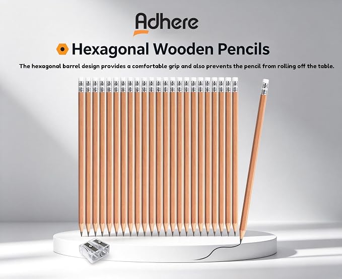 Adhere 25pcs Woodcase Pencils with Eraser Premium Pre-Sharpened Hexagon Graphite 2B pencils ideal for home, office writing including a Free Sharpener (Nature wood・25pcs)