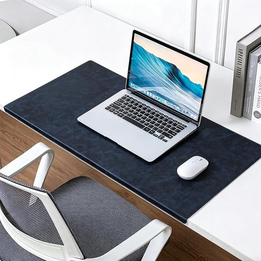 Edge-Locked Non-Slip Large Desk Pad with Edge Protector, Leather Office Laptop Mouse Mat Extended Table Protector, Desk Blotter for Writing Game Work Typing (Navy,23.6"x11.8")