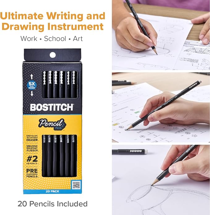 Bostitch, Wood-Cased Pencil Plus, Retractable Eraser, American Cedar Wood, #2 HB, Round, Matte Black, Pre-sharpened, Twenty Pack