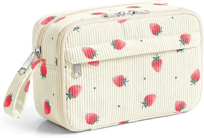WOBAGMEN Cute Pencil Case,Large Corduroy Zippered Pencil Case Pouch, aesthetic Pencil Bag with Compartments, Pencil Pouch School Supplies (Tiny Strawberry)