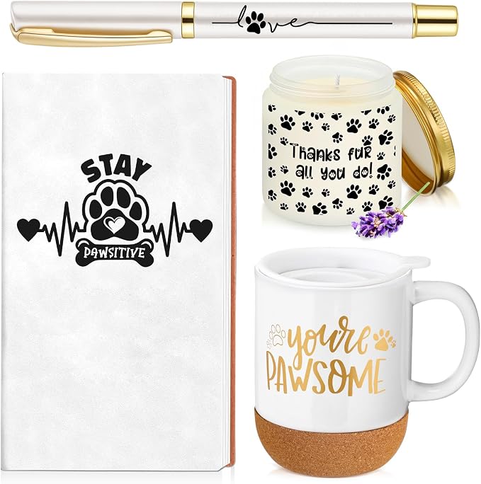 Sayglossy 4 Pcs Veterinary Gift Set Thank You Gift for Vet Tech Veterinary Assistant Animal Lover Pet Groomers Dog Sitter Trainer Paw Print Notebook Coffee Mug Scented Candle Pen for Vet Tech Week