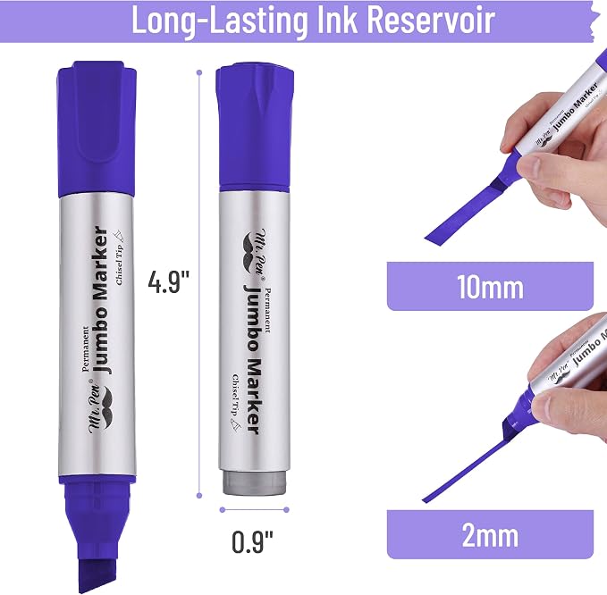 Mr. Pen- Jumbo Permanent Markers, 4 Pack, Purple, Chisel Tip, Wide Tip | Large, Thick Permanent Markers for Canvas, Posters Board, Fabric, Window, Glass, Wood, Waterproof, Quick Dry