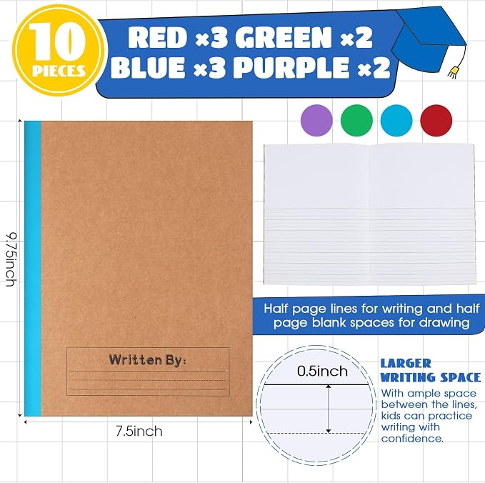 Henoyso 10 Pack Primary Composition Notebook, 9-3/4" x 7-1/2", Kids Primary Journal, K-2 Writing Notebook for Kids Student Draw Write Story Journal Half Blank Books(Fresh Color)