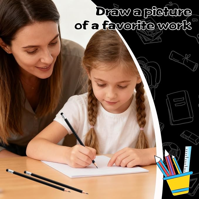 12 PCS Black Pencils with Eraser, Pre-Sharpened HB Pencils for Writing & Drawing, School Supplies for Kids Homework, Tests, Art Crafts & Teacher Grading (Black)