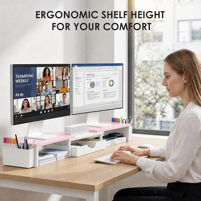 OPNICE Desk Organizers and Accessories, Dual Monitor Stand Riser with Drawer and 2 Pen Holders, Desk Shelf Wood Computer Racks for Office Workspace Organizers, Desktop Organization (Pink-White Wood)