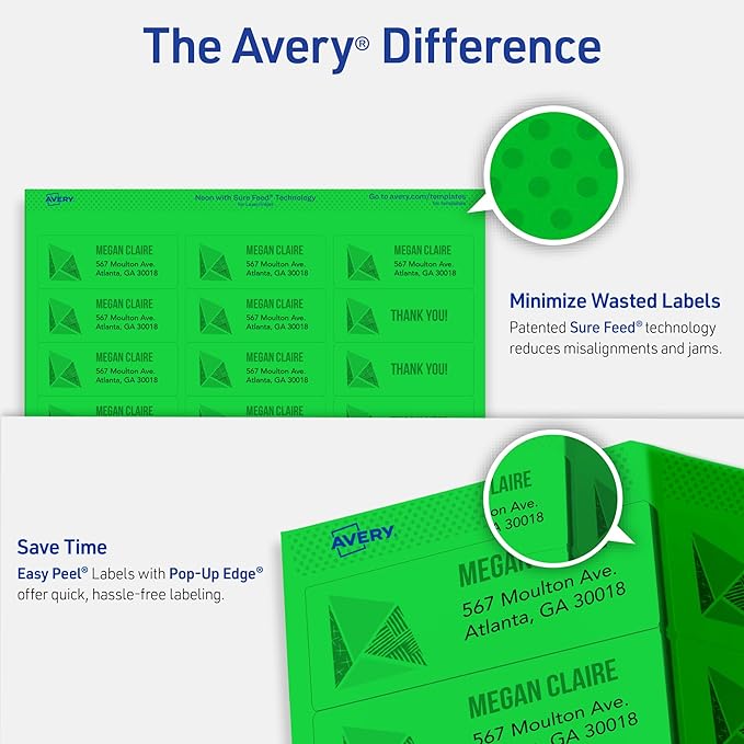 Avery Printable Address Labels with Sure Feed, 1" x 2-5/8", Neon Green, Laser & Inkjet Compatible, 750 Blank Labels per Pack, Great for Branding, Mailing, Organizing, and More (5-Pack of 5971)
