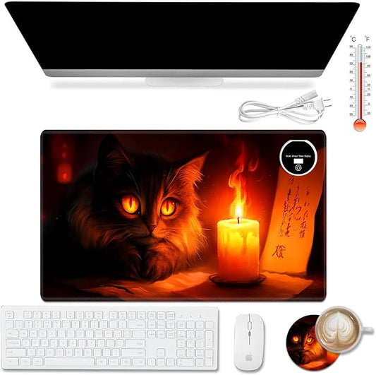 Heated Desk Pad Mouse Pad,Heated Desk Mat,with 3 Heating Levels & 3 Hours Auto Shut-Off,Leather 23.6"*14.2" Gaming Mouse Laptop Mat,Foot Warmer,Cute Cat Candlelight