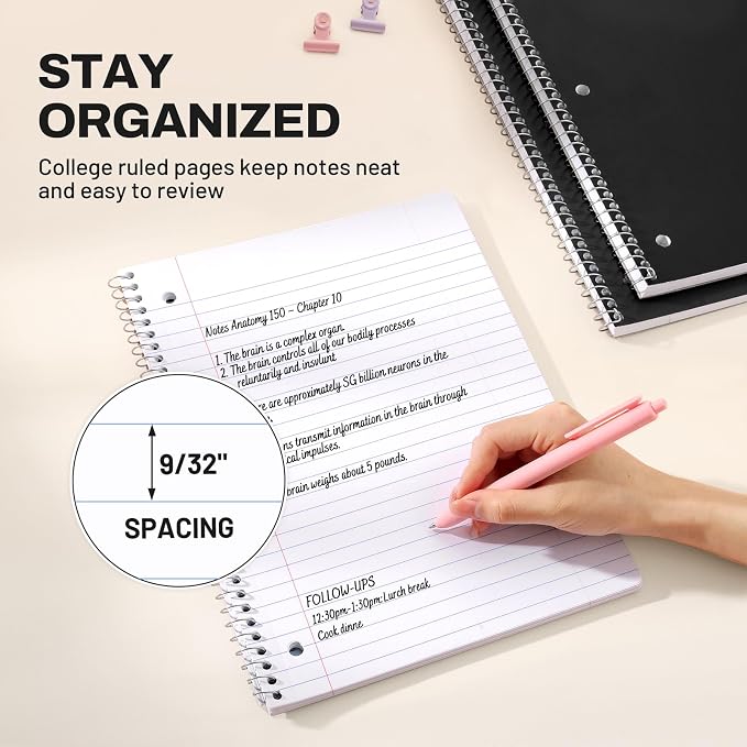 SUNEE Spiral Notebooks, 3 Pack, 1-Subject, College Ruled Paper, 8" x 10-1/2", 70 Sheets per Notebook, Black